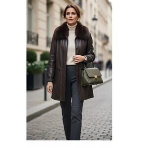 NWT Vtg Damselle Lamb Leather Fox Fur Collar Coat Old Money Womans Size Large